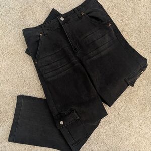 Black Cargo Pocket Wide Leg Jeans